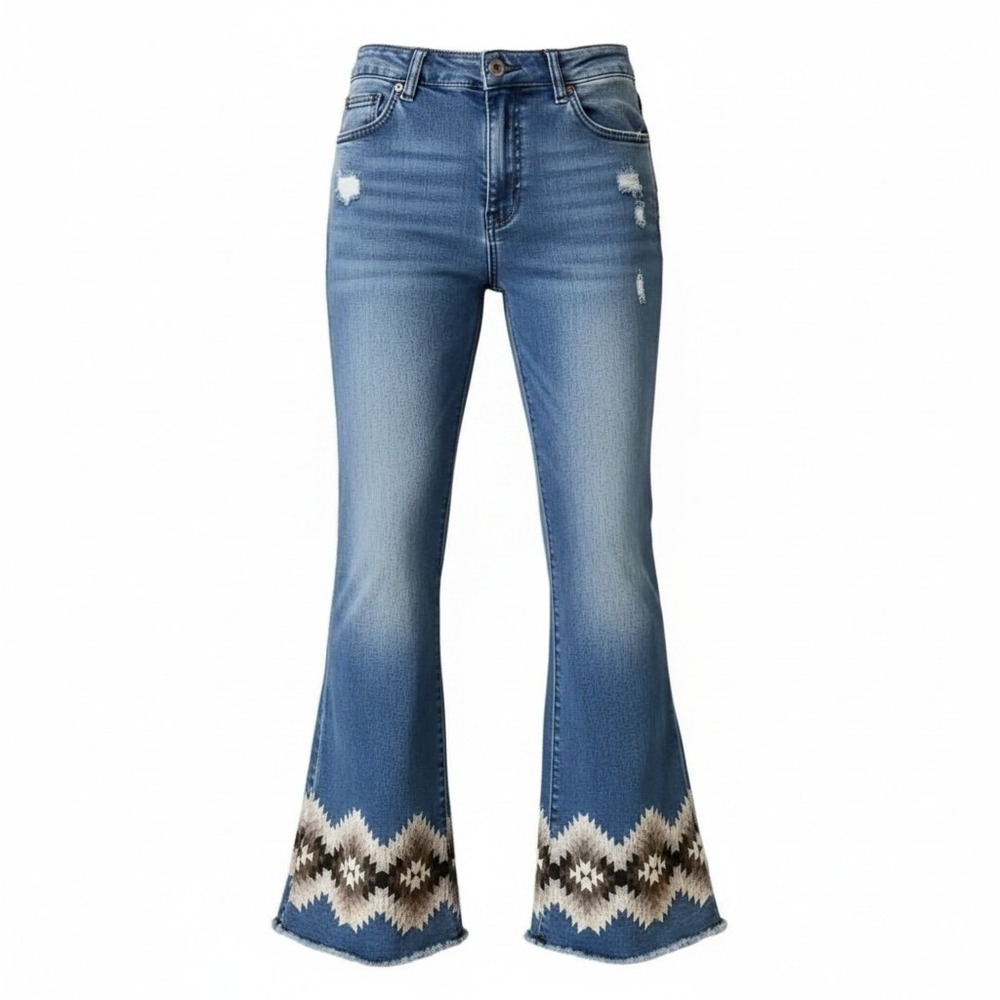Southwestern Embroidered Flare Jeans Medium Wash Distressed‎ Bell Bottoms 30W